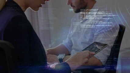 Poster - Animation of data processing over caucasian business people using tablet