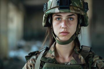 Wall Mural - oung woman wearing military uniform including camouflage fatigues and a helmet, ready for war to protect her country