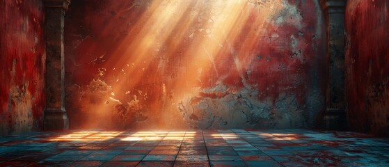 Poster - On an empty stage with tile flooring, a 3D spotlight treasure unveils its splendor