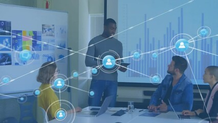 Poster - Animation of network of connections with icons over diverse colleagues discussing work