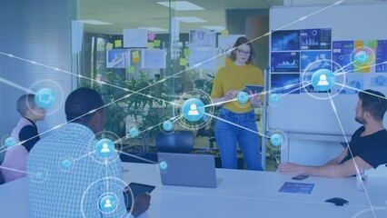 Poster - Animation of network of connections with icons over diverse colleagues discussing work