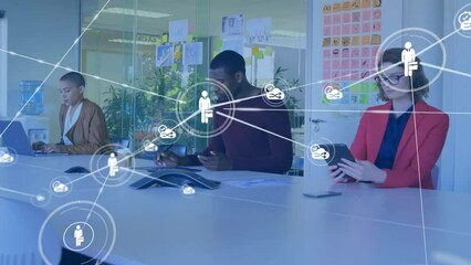 Poster - Animation of network of connections with icons over diverse colleagues using technology