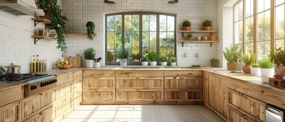 Aufkleber - 3D rendering of bright kitchen interior. White kitchen with an empty wall. Catalogue accessories.