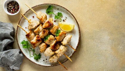 Poster - Chicken kebab skewers on a plate over light yellow slate, stone or concrete background