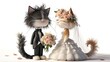 Wedding cat couple, expressing affection on a pure white background, symbolizing love, commitment, and togetherness