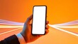 Hand using smartphone with blank screen, isolated on orange background
