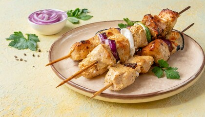 Wall Mural - Chicken kebab skewers on a plate over light black slate. Close-up