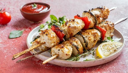 Wall Mural - Chicken kebab skewers on a plate over light black slate. Close-up