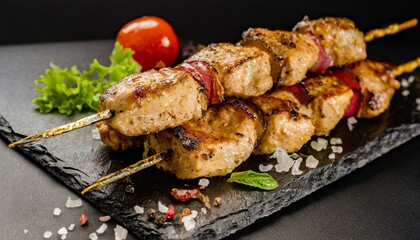 Wall Mural - Chicken kebab skewers on a plate over light black slate. Close-up.