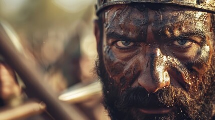 Wall Mural - A closeup of a Numidian warriors face fierce determination etched in his features as he grips his spear tightly while riding into battle.