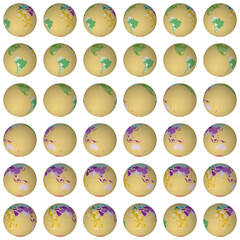 Poster - Collection of planet globes. Normal sphere view. Rotation step 10 degrees. Colored countries style. World map with graticule lines on white background. Energetic vector illustration.