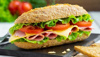 Wall Mural - Sandwich Tasty sandwich with ham or bacon cheese tomatoes lettuce and grain bread delicious club sandwich or school lunch breakfast or snack. 