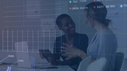 Poster - Animation of diagrams and data processing over diverse female colleagues talking