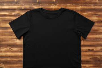 Cotton T-shirt mock up on wooden background flat lay