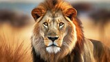 Fototapeta Sawanna - Lion in the savanna african wildlife landscape. 