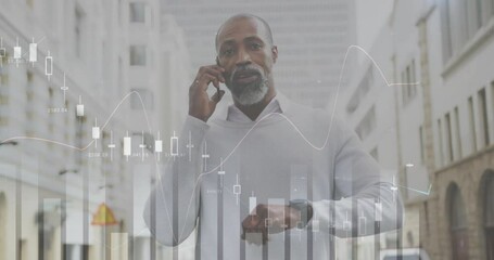 Poster - Animation of diagrams and data processing over african american man talking on smartphone in city