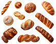 set of loaves of bread and rolls isolated on transparent background, top view