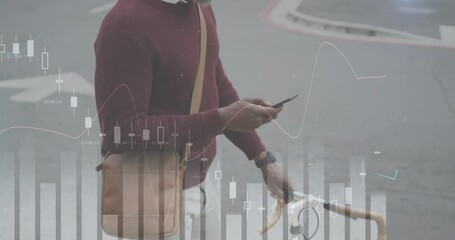 Poster - Animation of diagrams over african american man using smartphone in city