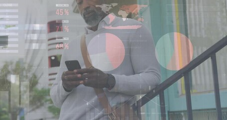 Poster - Animation of diagrams and data processing over african american man using smartphone in city