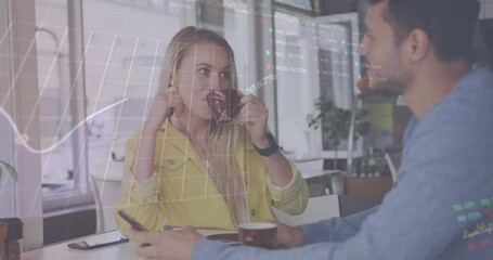 Poster - Animation of diagrams and data processing over caucasian couple drinking coffee