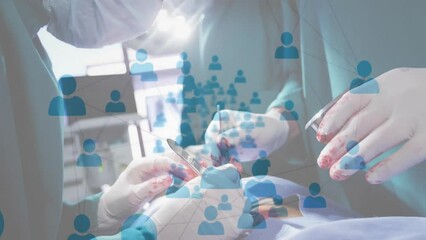 Poster - Animation of network of connections with icons over diverse surgeons during surgery