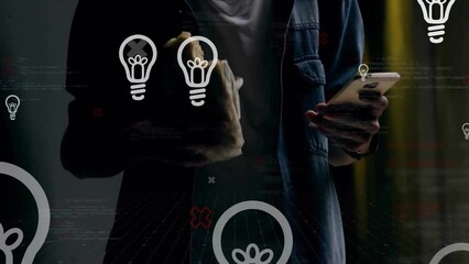 Poster - Animation of lightbulb icons over caucasian woman using smartphone