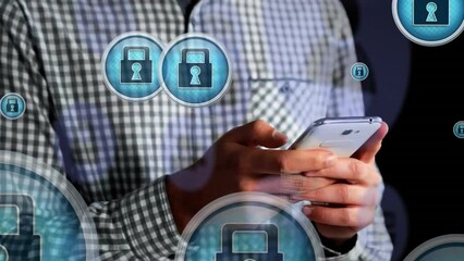 Poster - Animation of media icons and data processing over caucasian man using smartphone