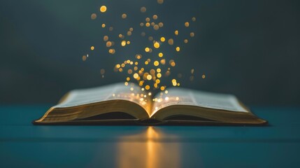 Beautiful flickering light comes out of the open holy book. Golden shining glowing light. Historical sacred textbook. Ancient shiny storybook. Magic old fairy tale. Cultural literature. Peaceful glow.