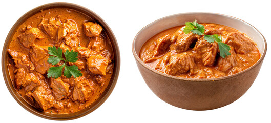 Wall Mural - Indian chicken Tikka Masala bundle, side and top view, isolated on a transparent background