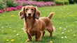 Red long haired dachshund dog in flower field