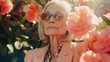 Portrait of a senior woman in sunglasses, wearing a peach suit, surrounding big pink flowers.