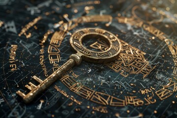 Rustic ancient key with runic inscriptions against a HUD interface background