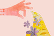 © Nadine Greeff - Illustration mixed media watercolor flowers, yellow abstract and woman hand gesture