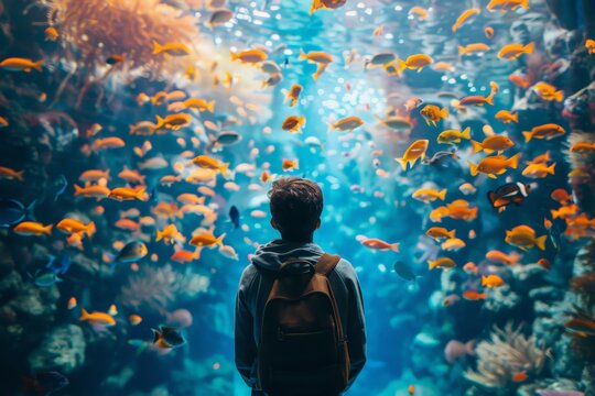 A tranquil scene of a person observing the colorful underwater world filled with a variety of fish species in an aquarium