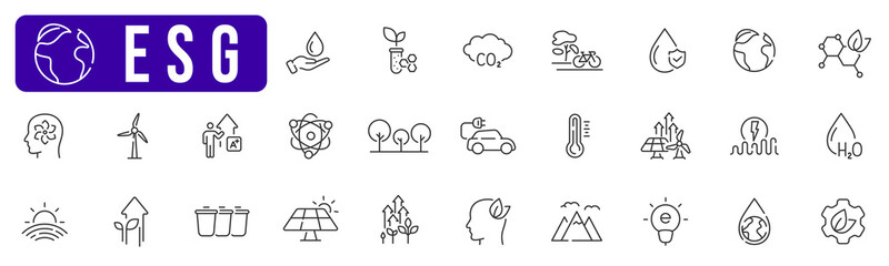 ESG related line icon set. Environment, green energy, leaf, eco, nature, co2,  etc. Editable stroke