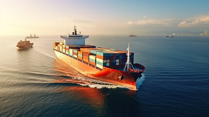 Wall Mural - Container ships, business logistics import and export freight transportation by container ship in the harbor in the ocean at sunset sky background, cargo transportation industry concept,