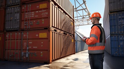 Wall Mural - Men workers control loading Container boxes from Cargo freight ships, a transportation industry concept.