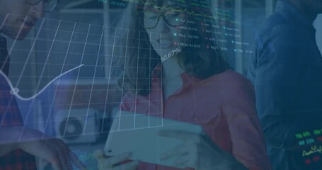 Poster - Animation of data processing and diagrams over diverse business people discussing work