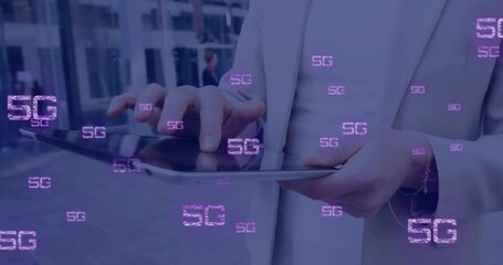 Poster - Animation of 5g texts over caucasian businesswoman using tablet