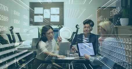 Poster - Animation of data processing and diagrams over diverse business people discussing work