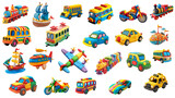 Fototapeta Dinusie - A collection of various vehicles, cars, aircraft, train, tram, train, helicopter, airship made of multicolored plasticine. 3D three-dimensional shapes. DIY for children, children's crafts. Isolate