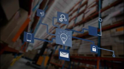 Poster - Animation of media icons over warehouse
