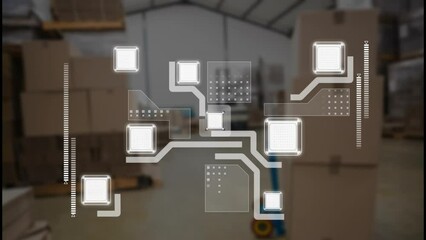 Poster - Animation of white shapes with connections over warehouse