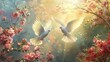Tranquil Easter painting with doves ascending above a sunrise embodying peace and new beginnings amidst spring blossoms