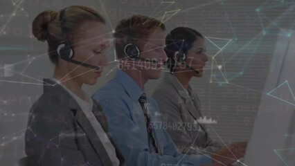 Poster - Animation of network of connections with data processing over caucasian colleagues working in office
