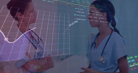 Poster - Animation of data processing and diagrams over diverse female doctors talking