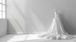 Elegant long white wedding dress in empty space studio. Generated AI image