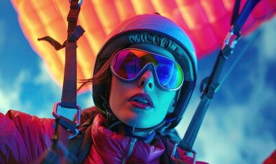 Wall Mural - A young woman paraglider, soaring gracefully above a picturesque neon landscape