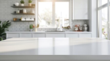 kitchen room interior background, a modern empty white marble table is utilized for product display