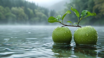 two green apples sitting on top of a body of water covered in raindrops with trees in the background.